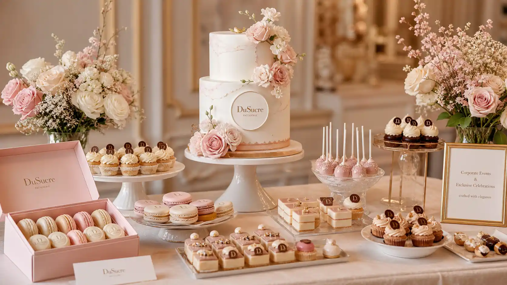 duSucre Sweet Table mit Macarons, einer Torte, Cakepops sowie Cupcakes auf festlicher Tafel