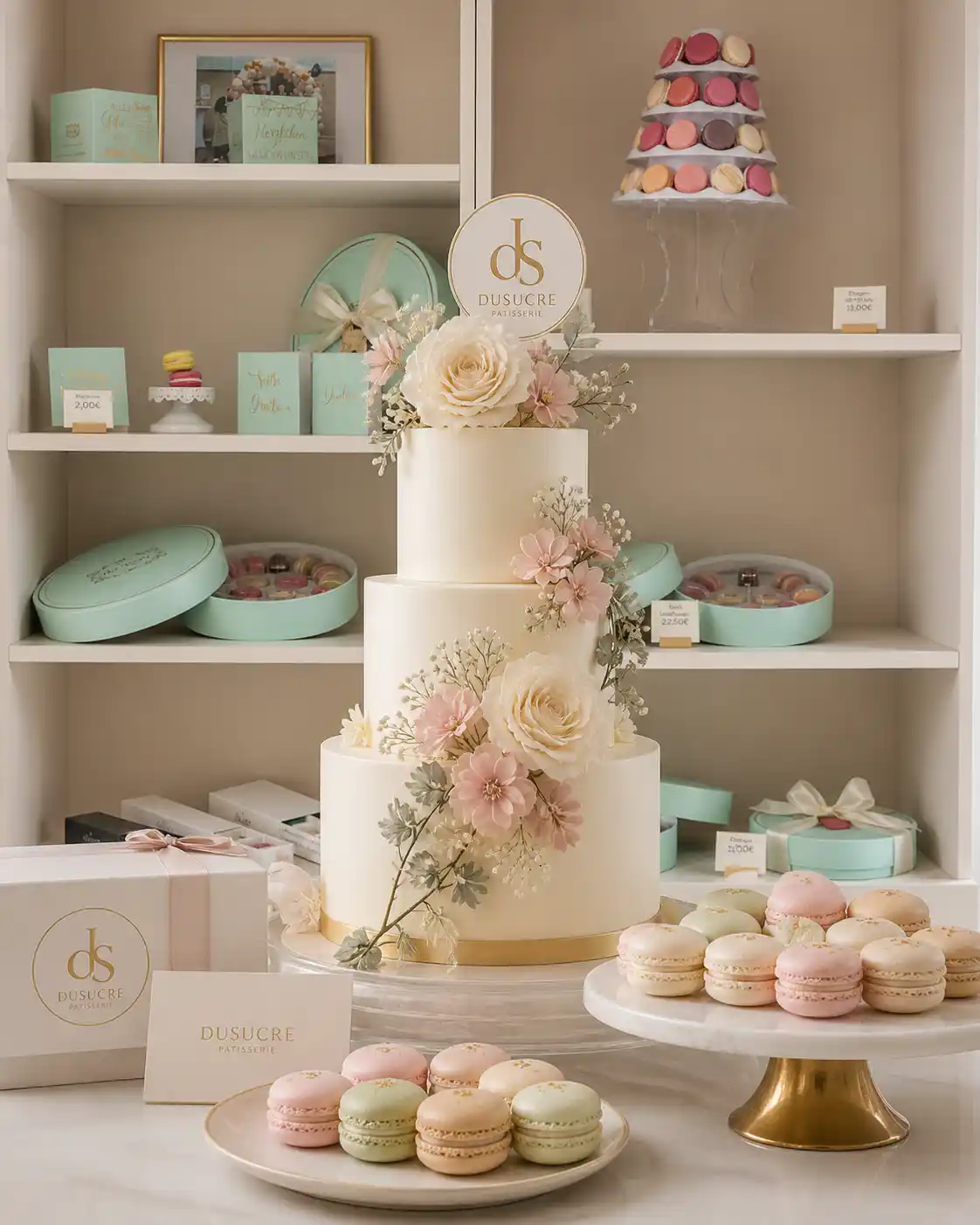 Hochzeitstorte und französische Macarons von duSucre im Laden in Wedel