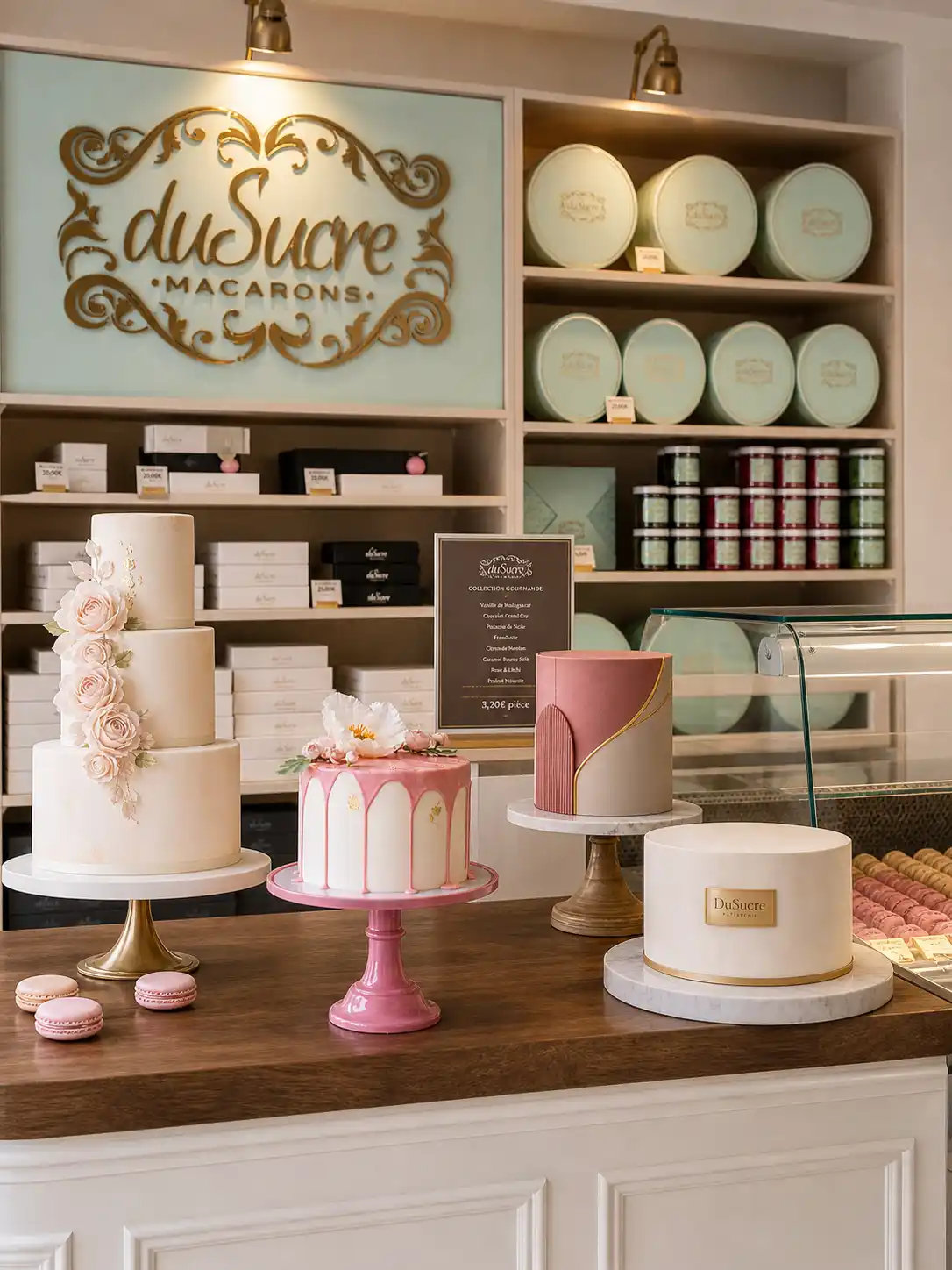 Elegante Torten in pastelligen Farben für besondere Anlässe im duSucre Laden in Wedel